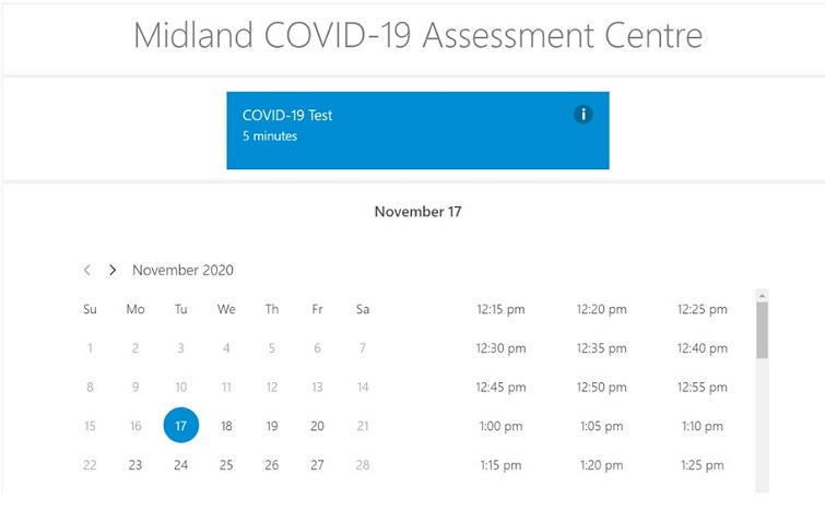 Capture d’écran de la page du Centre d’évaluation de la COVID-19 de Midland.