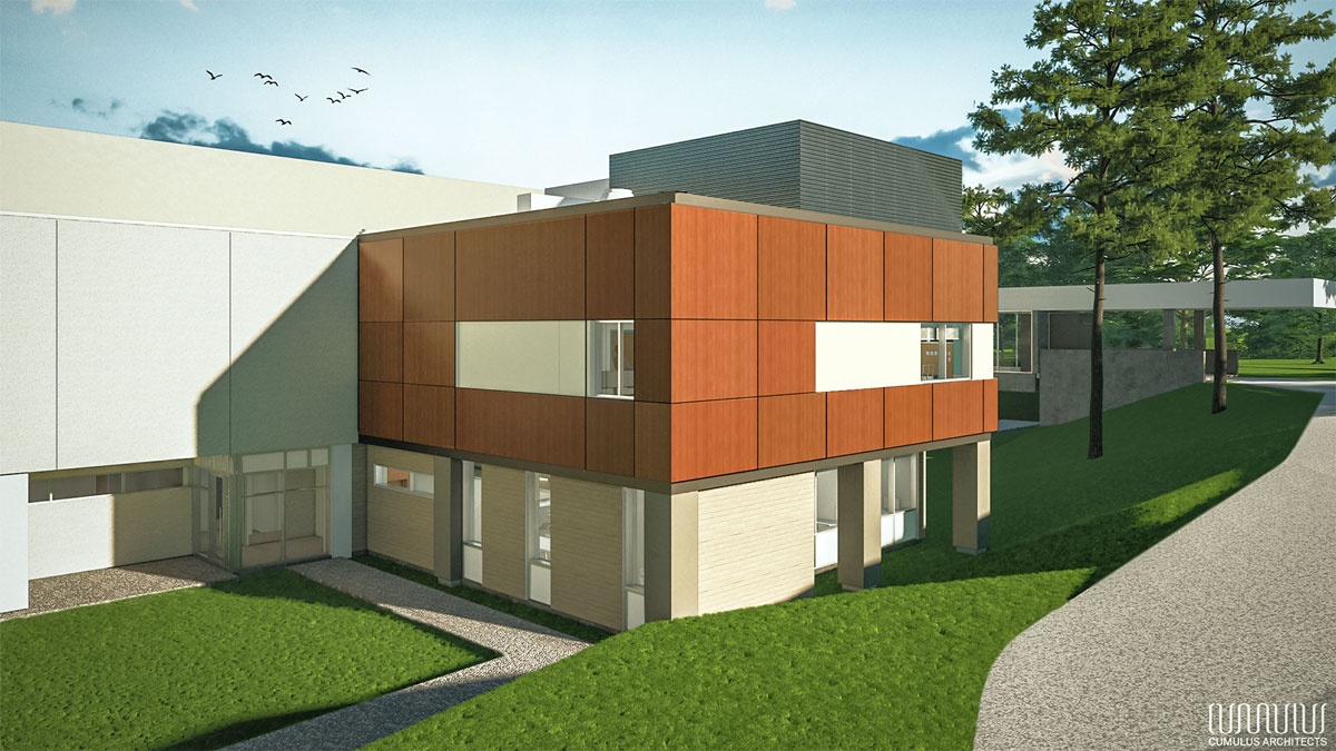 An artist rendering of a wooden exterior on the top level and off white bottom attached to a much larger building.